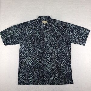 Johari West Shirt Mens XL Black Blue Geometric Cotton Casual Hawaiian Button Up